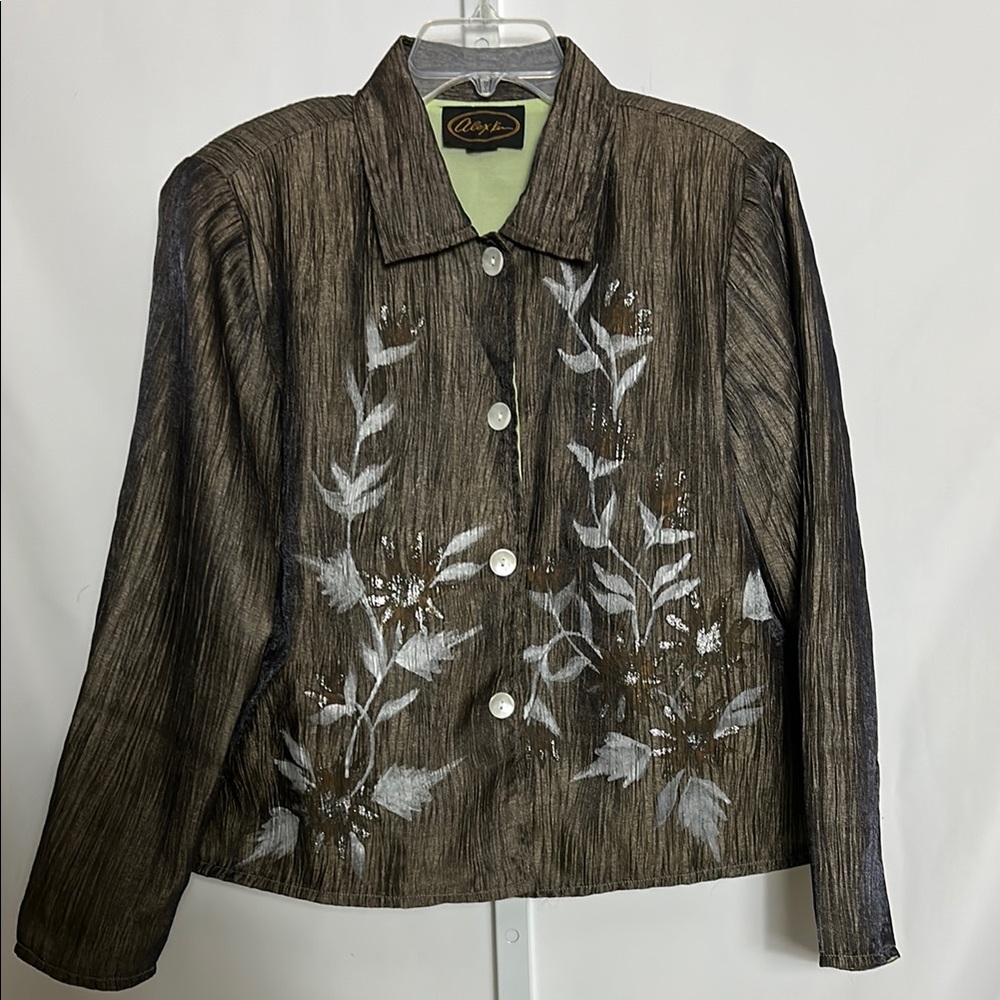 Alex Kim Women’s Size Large Gray Green Metallic Shimmering Silk Jacket